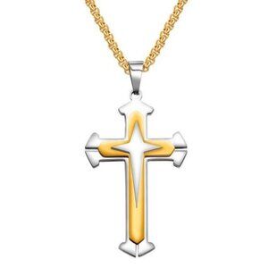 ❤️Gold and Silver HipHop Cross Necklace Religious, N90201P101